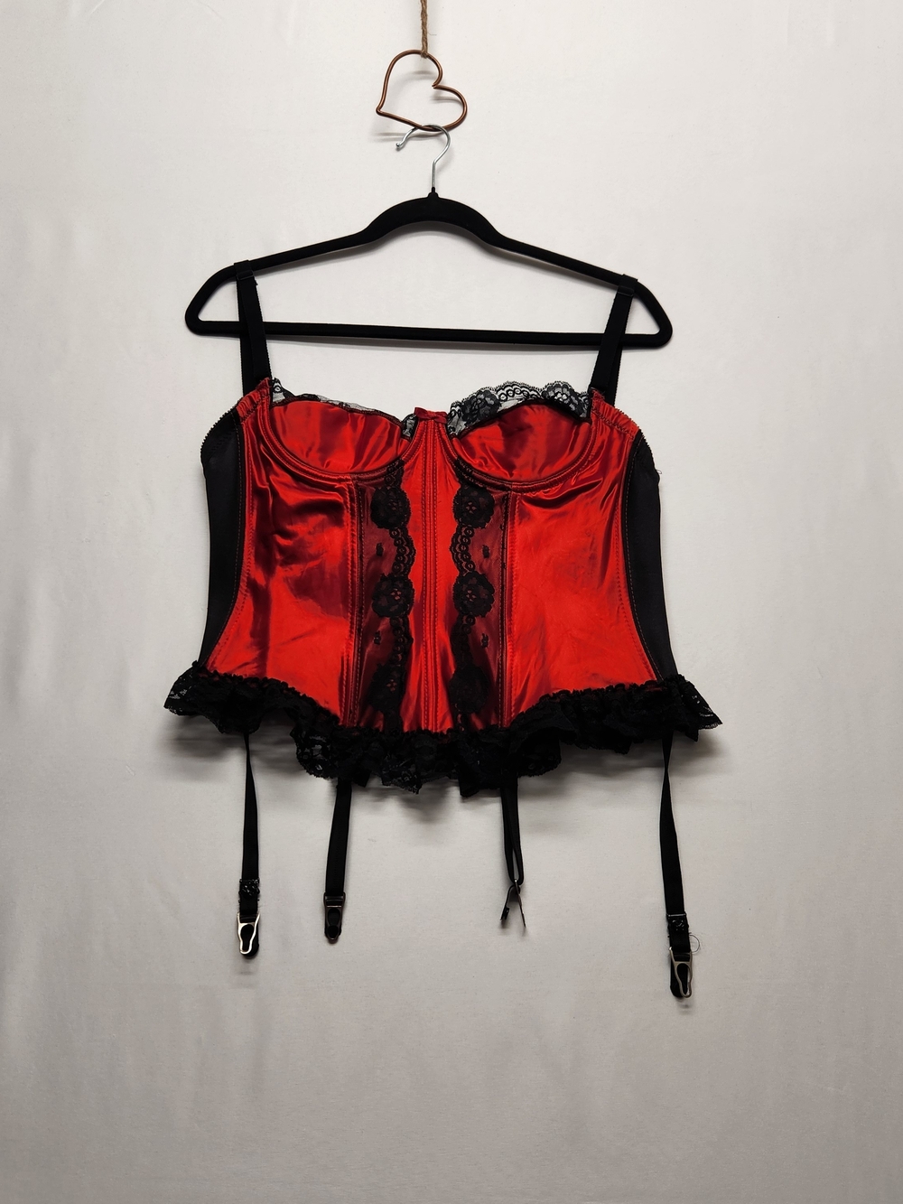 ⭐️Vintage Madelon Louden Red Satin Corset Bustier Top Lace Hook Back 36 Sexy